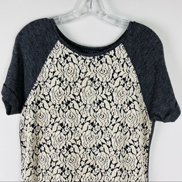 NEW Sanctuary black cream floral rose striped textured tee shirt top medium - Picture 2 of 8